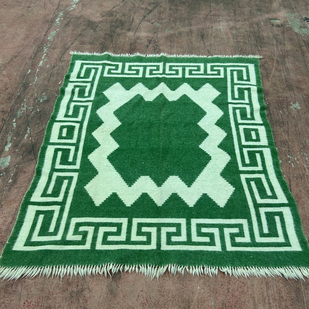 Unbranded Geometric Greek Key Wool Rug Unisex Green Cream Handwoven Fringe